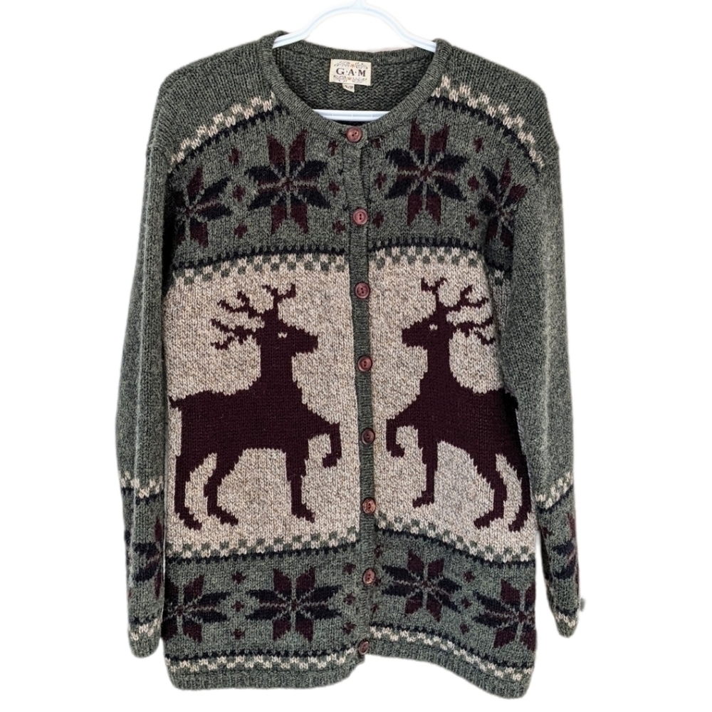 Vintage Deer Snowflakes Cowichan sweater cardigan earthy tones small B3